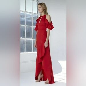 Monique Lhuillier New Red Ruffle High Low Maxi Dress Size 0